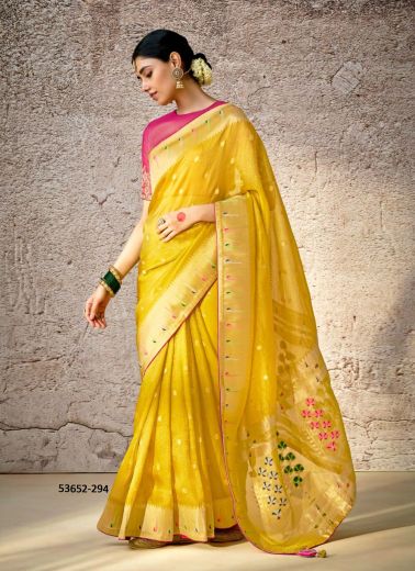 Yellow Kora Banarasi Silk Woven Wedding-Wear Saree