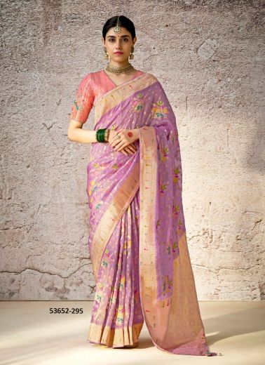 Lilac Kora Banarasi Silk Woven Wedding-Wear Saree