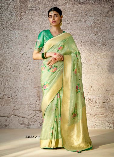 Light Green Kora Banarasi Silk Woven Wedding-Wear Saree