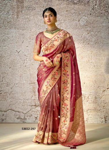 Wine Kora Banarasi Silk Woven Wedding-Wear Saree