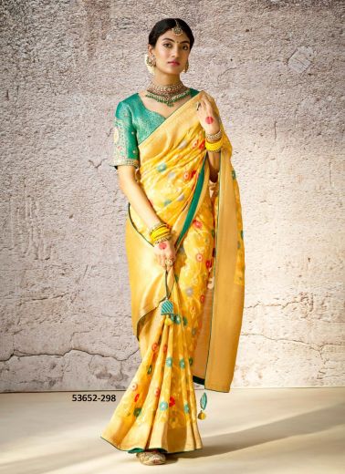 Yellow Kora Banarasi Silk Woven Wedding-Wear Saree