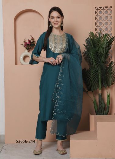 Sea Blue Silk Embroidered Festive-Wear Pant-Bottom Readymade Salwar Kameez