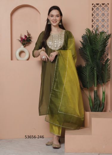 Dark Olive Green Silk Embroidered Festive-Wear Pant-Bottom Readymade Salwar Kameez