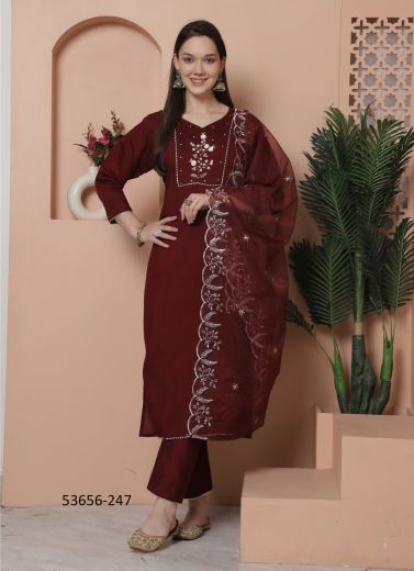 Maroon Silk Embroidered Festive-Wear Pant-Bottom Readymade Salwar Kameez