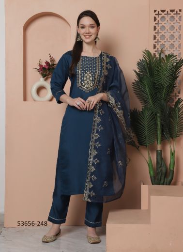 Navy Blue Silk Embroidered Festive-Wear Pant-Bottom Readymade Salwar Kameez