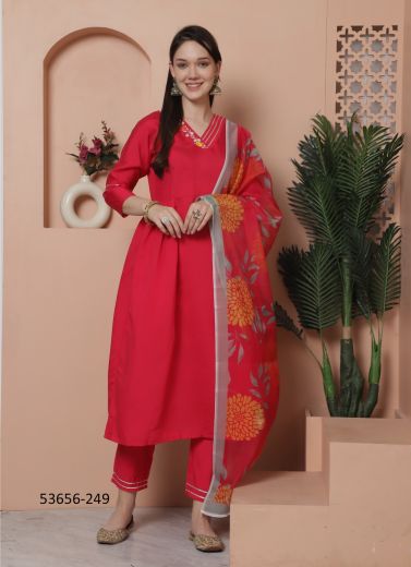 Pink Red Silk Embroidered Festive-Wear Pant-Bottom Readymade Salwar Kameez