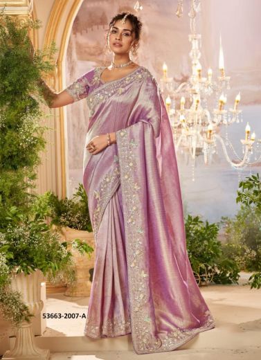 Lilac Banarasi Organza Viscose Handworked Wedding-Wear Silk Embroidered Saree