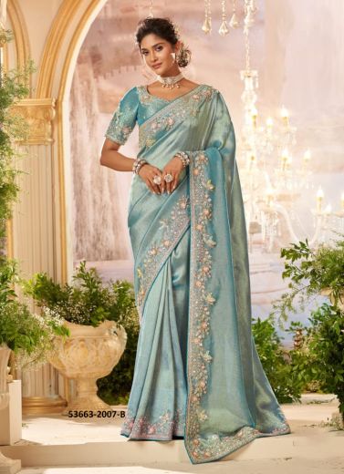 Light Blue Banarasi Organza Viscose Handworked Wedding-Wear Silk Embroidered Saree