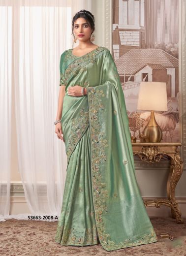 Mint Green Banarasi Organza Viscose Handworked Wedding-Wear Silk Embroidered Saree