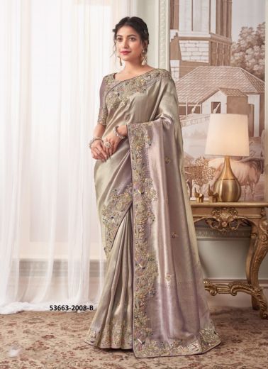 Light Mauve Banarasi Organza Viscose Handworked Wedding-Wear Silk Embroidered Saree