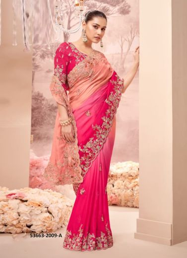 Light Salmon & Dark Pink Banarasi Organza Viscose Handworked Wedding-Wear Silk Embroidered Saree