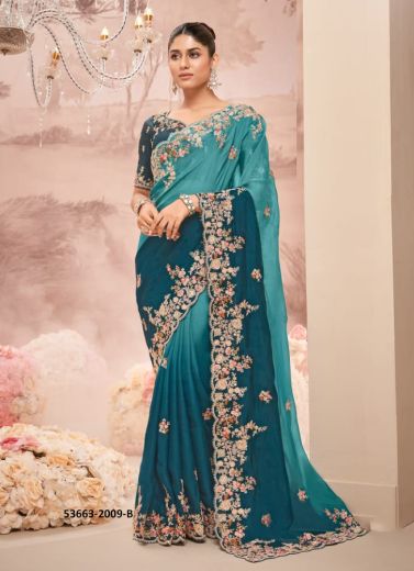 Sea Blue Banarasi Organza Viscose Handworked Wedding-Wear Silk Embroidered Saree