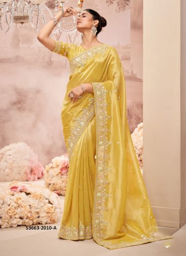 Yellow Banarasi Organza Viscose Handworked Wedding-Wear Silk Embroidered Saree