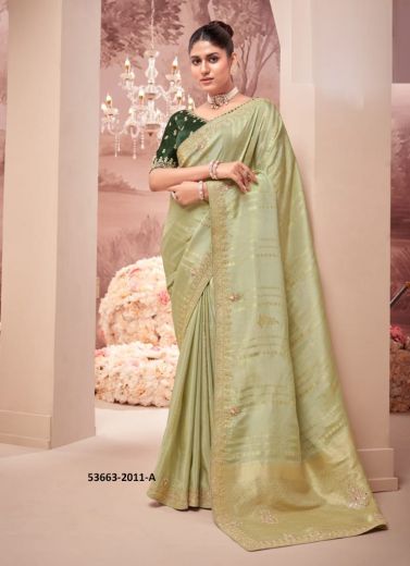 Light Green Banarasi Organza Viscose Handworked Wedding-Wear Silk Embroidered Saree