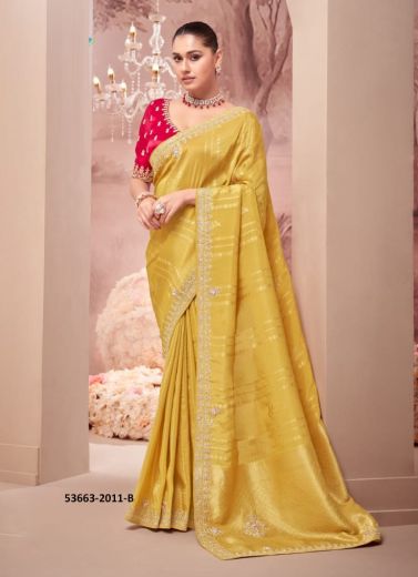 Yellow Banarasi Organza Viscose Handworked Wedding-Wear Silk Embroidered Saree