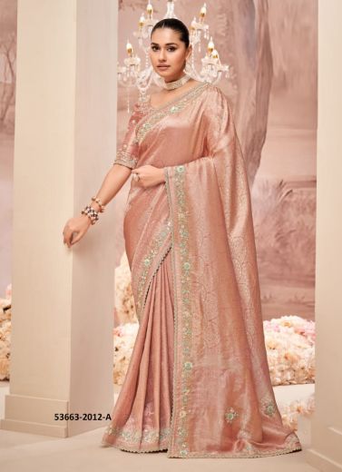 Pink Banarasi Organza Viscose Handworked Wedding-Wear Silk Embroidered Saree