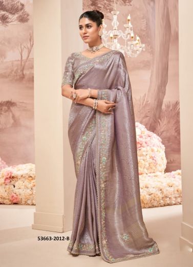 Light Mauve Banarasi Organza Viscose Handworked Wedding-Wear Silk Embroidered Saree