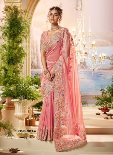 Pink Banarasi Organza Viscose Handworked Wedding-Wear Silk Embroidered Saree