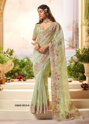 Light Green Banarasi Organza Viscose Handworked Wedding-Wear Silk Embroidered Saree