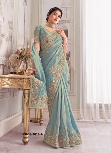 Light Blue Banarasi Organza Viscose Handworked Wedding-Wear Silk Embroidered Saree