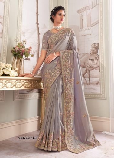 Light Lilac Banarasi Organza Viscose Handworked Wedding-Wear Silk Embroidered Saree