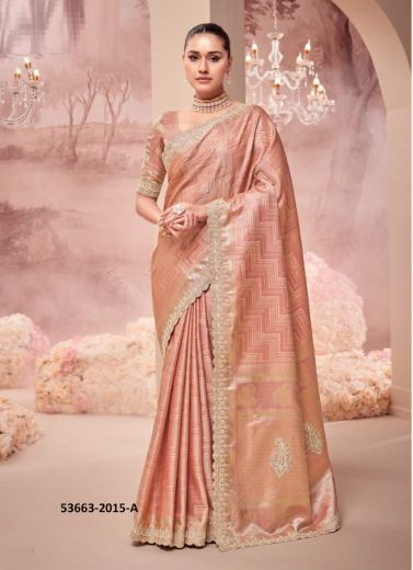 Salmon Banarasi Organza Viscose Handworked Wedding-Wear Silk Embroidered Saree