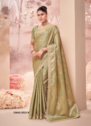 Sage Green Banarasi Organza Viscose Handworked Wedding-Wear Silk Embroidery Saree