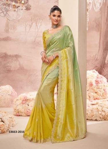 Light Green & Yellow Banarasi Organza Viscose Handworked Wedding-Wear Silk Embroidery Saree