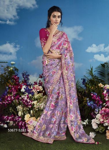 Lilac & Pink Brasso Embroidered Party-Wear Brasso Saree