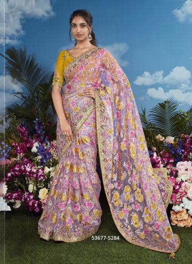 Pink & Orange Brasso Embroidered Party-Wear Brasso Saree