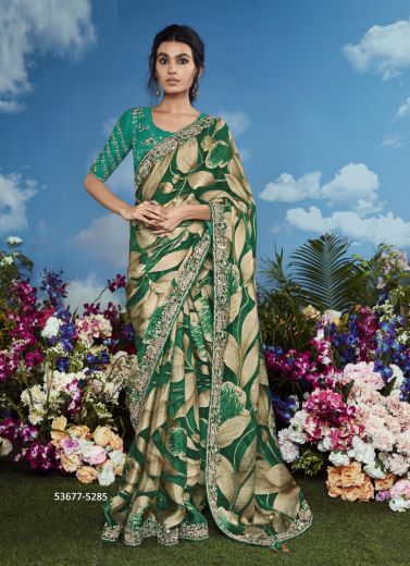 Green & Beige Brasso Embroidered Party-Wear Brasso Saree