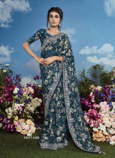 Sea Blue & Cream Brasso Embroidered Party-Wear Brasso Saree