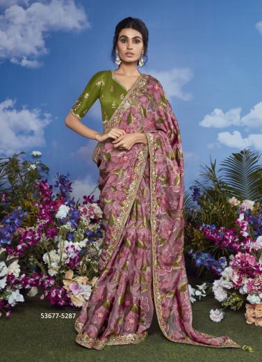 Mauve & Olive Green Brasso Embroidered Party-Wear Brasso Saree