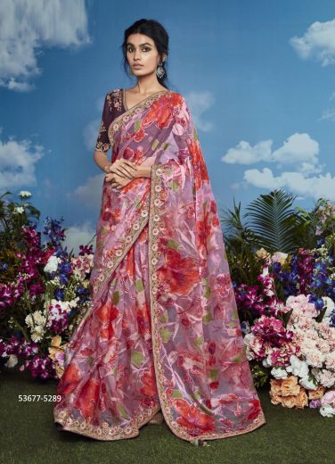 Pink & Red Brasso Embroidered Party-Wear Brasso Saree