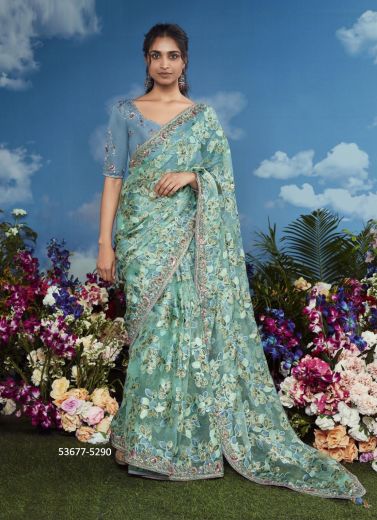 Aqua Brasso Embroidered Party-Wear Brasso Saree