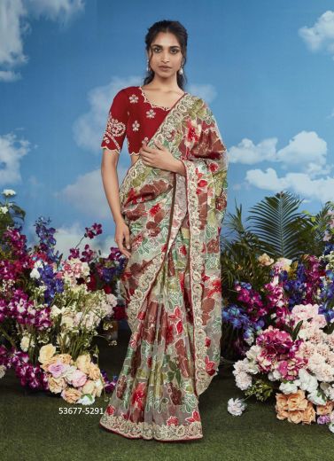 Multicolored Brasso Embroidered Party-Wear Brasso Saree