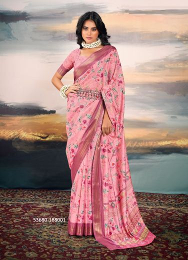 Pink Cotton Silk Floral Digitally Printed Festive-Wear Saree