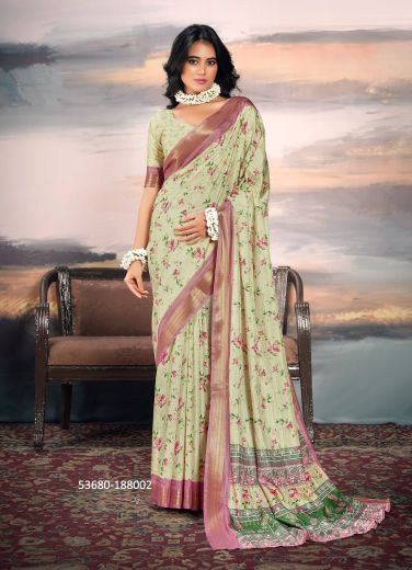 Light Green & Mauve Cotton Silk Floral Digitally Printed Festive-Wear Saree