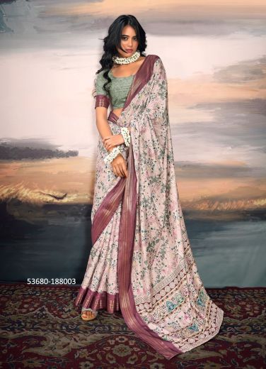 Light Baby Pink & Mauve Cotton Silk Floral Digitally Printed Festive-Wear Saree