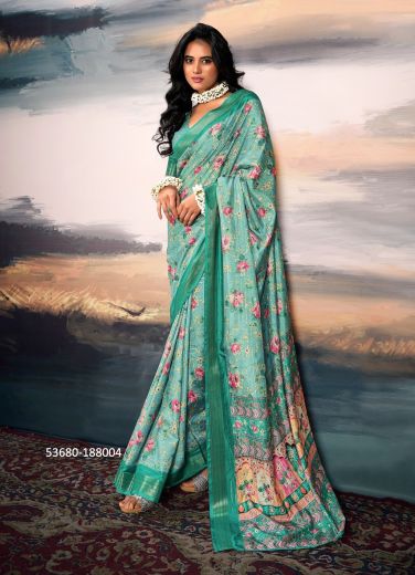 Light Teal Green Cotton Silk Floral Digitally Printed Festive-Wear Saree