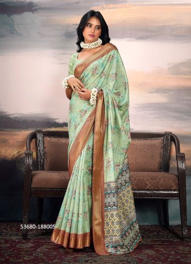 Mint Green & Brown Cotton Silk Floral Digitally Printed Festive-Wear Saree