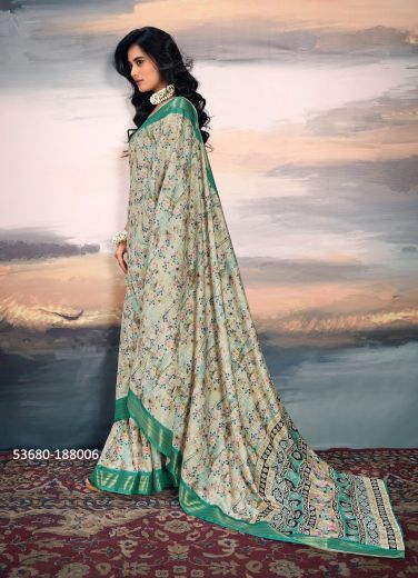 Light Celadon & Teal Green Cotton Silk Floral Digitally Printed Festive-Wear Saree