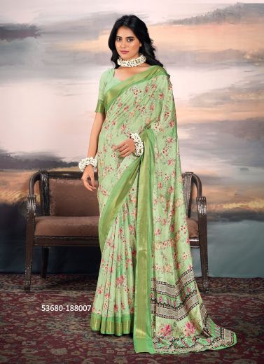 Light Green Cotton Silk Floral Digitally Printed Festive-Wear Saree