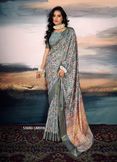 Gray Cotton Silk Floral Digitally Printed Festive-Wear Saree