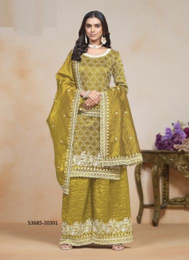 Golden Brown Organza Crush Thread-Work Festive-Wear Palazzo-Bottom Readymade Salwar Kameez