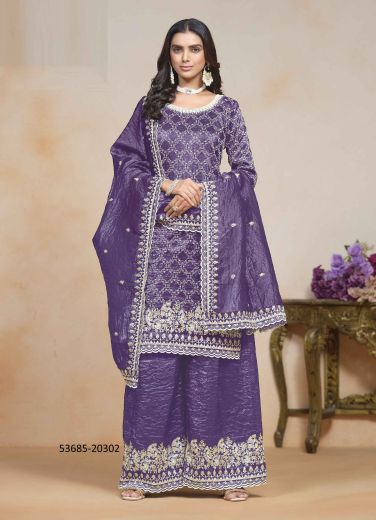 Violet Organza Crush Thread-Work Festive-Wear Palazzo-Bottom Readymade Salwar Kameez