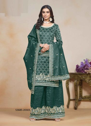 Bottle Green Organza Crush Thread-Work Festive-Wear Palazzo-Bottom Readymade Salwar Kameez