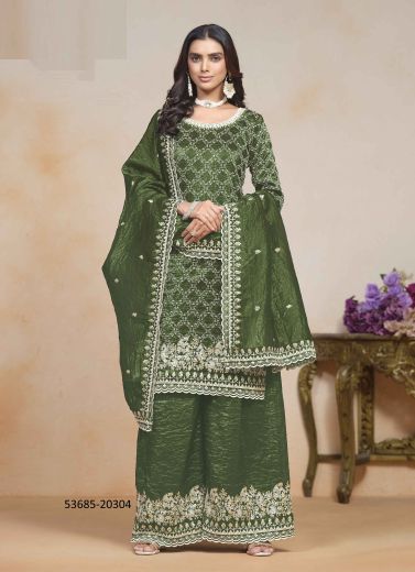 Dark Olive Green Organza Crush Thread-Work Festive-Wear Palazzo-Bottom Readymade Salwar Kameez