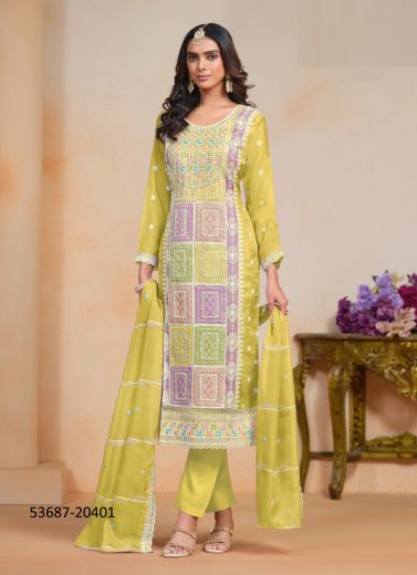 Lemon Yellow & Lilac Organza Thread-Work Party-Wear Pant-Bottom Readymade Salwar Kameez