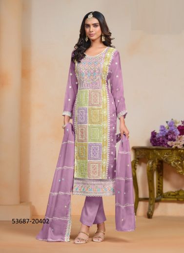 Lilac & Yellow Organza Thread-Work Party-Wear Pant-Bottom Readymade Salwar Kameez